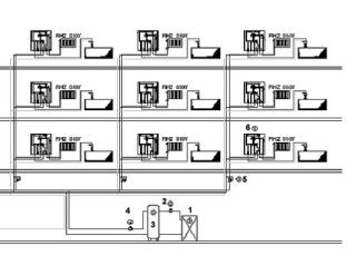 Schema Dezentrale Warmwasserbereitung im Durchflussprinzip 1 &#x96; Wärmeerzeuger; 2 &#x96; Ladepumpe Pufferspeicher; 3 &#x96; Pufferspeicher Heizung; 4 &#x96; Heizungspumpe; 5 &#x96; Differenzdruckregler; 6 &#x96; Dezentrale Wohnungsstation