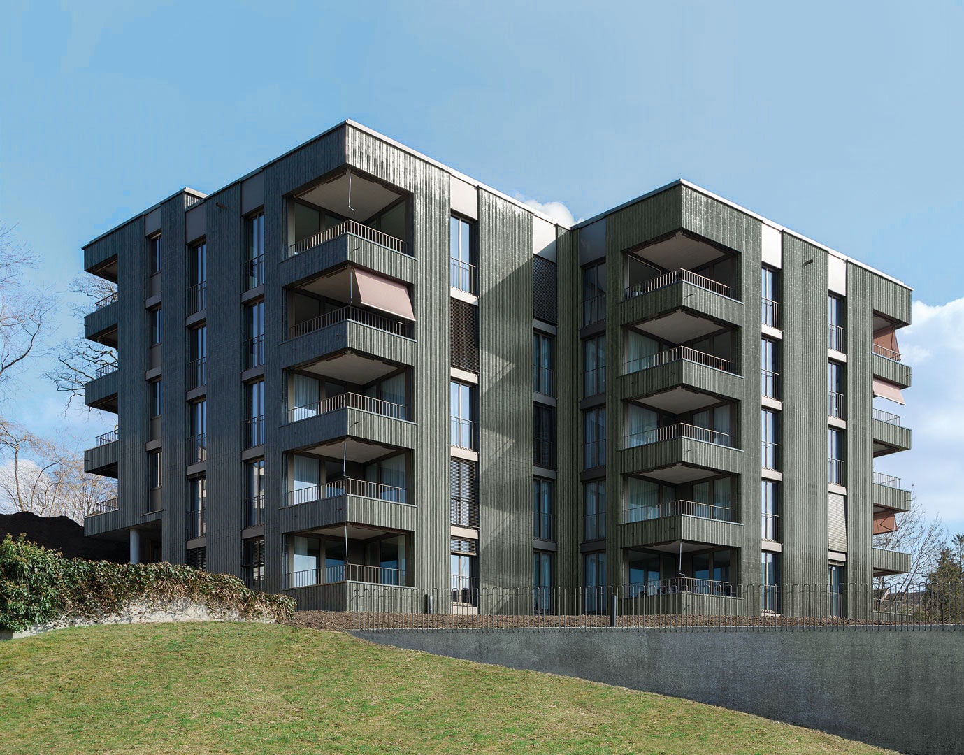 Grüne Keramikelemente auf WDVS an den Alterswohnungen Sonnenhof in Wil von Michael Meier und Marius Hug Architekten