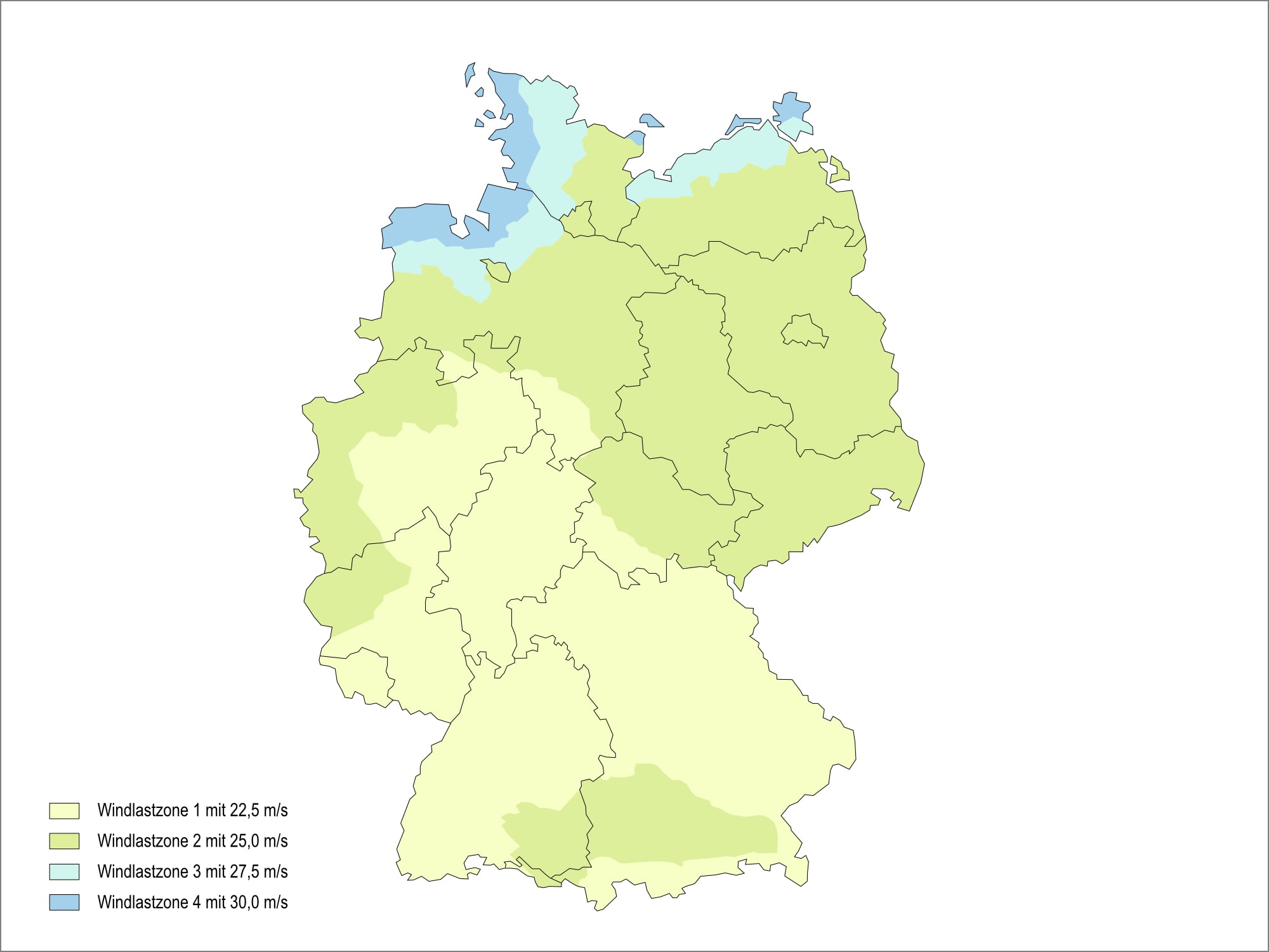 Gemäß DIN 1991-1-4/NA ist Deutschland in vier Windlastzonen mit unterschiedlichen Grundgeschwindigkeiten eingeteilt.