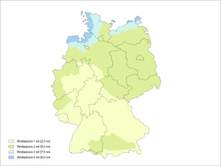 Gemäß DIN 1991-1-4/NA ist Deutschland in vier Windlastzonen mit unterschiedlichen Grundgeschwindigkeiten eingeteilt.