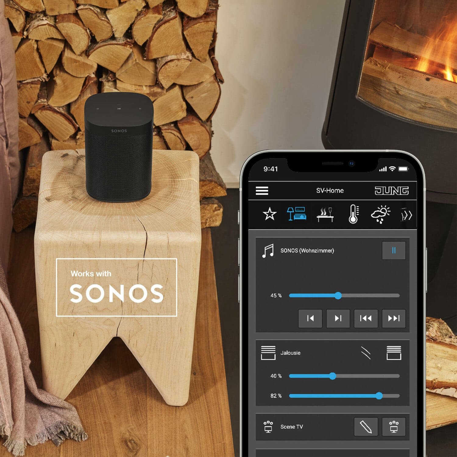 Multirooming-Bedienung und Anzeige des Multiroom-Sounds von Sonos über die Jung Smart Visu-App. 