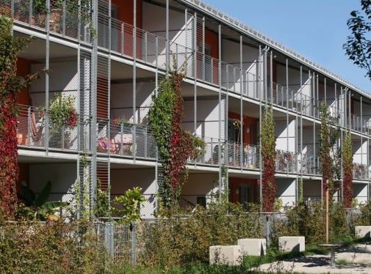 Südfassade mit Balkonen und Rankgerüst