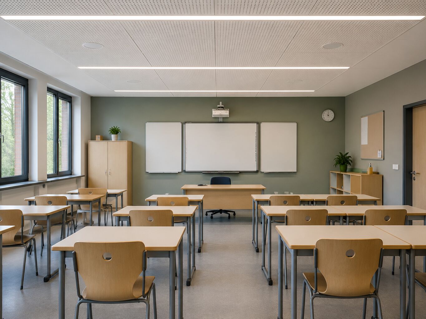 Klassenraum mit Lochplattenabsorbern an der Decke
