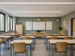 Klassenraum mit Lochplattenabsorbern an der Decke