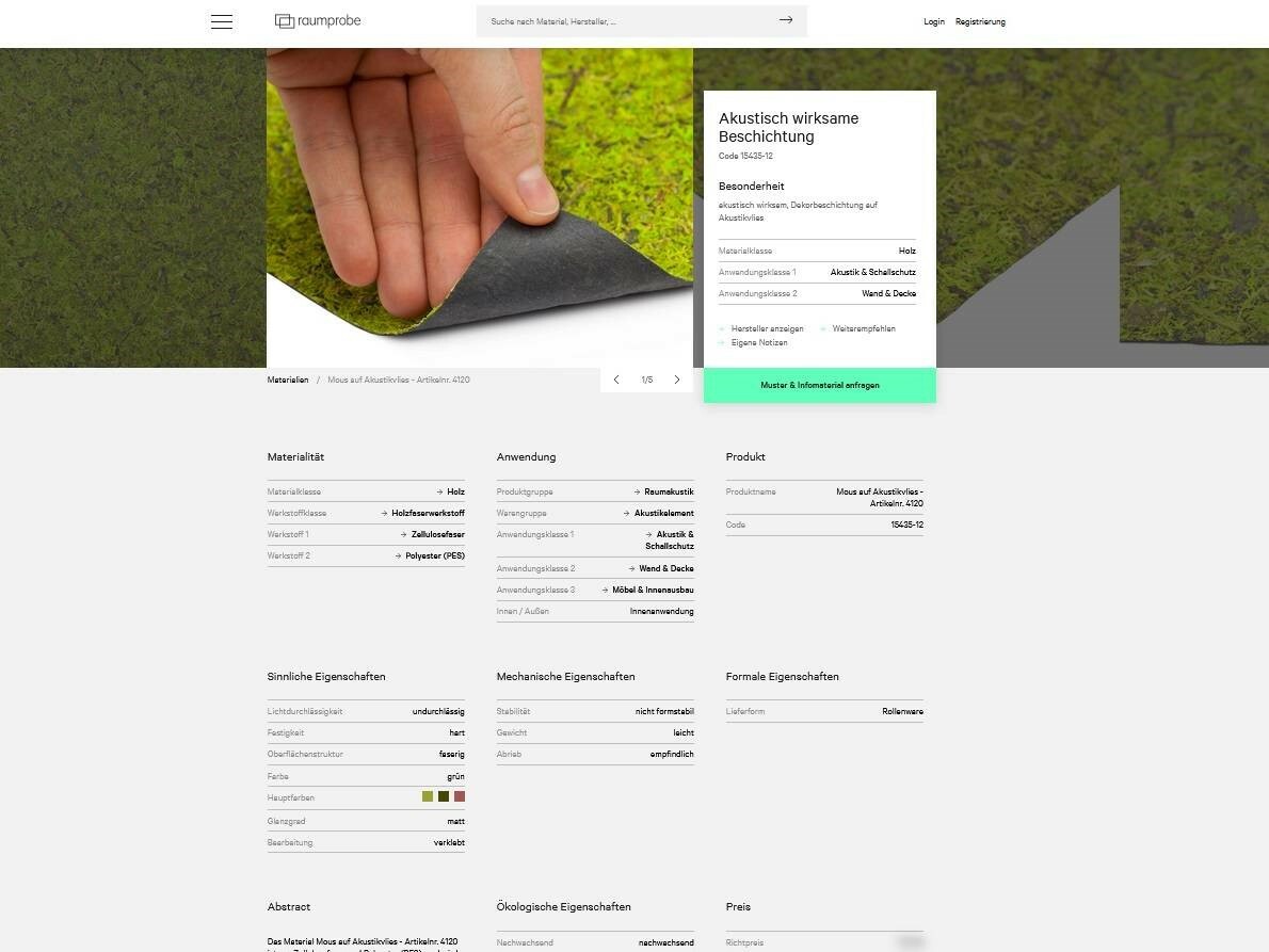 Über die Suchfunktion lassen sich die gewünschten Werkstoffe einfach nach Materialklasse, Anwendung, Oberflächenstruktur, Brandschutzklasse und/oder ökologischen Faktoren herausfiltern.