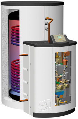Solarspeicher mit Anbau aus Frischwasserstation, Solarstation und Systemregler