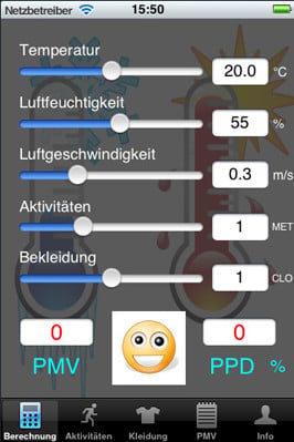 Screenshot eines IPhones: Diese Anwendung berechnet die PMV und PPD spezifischen Bedingungen der thermischen Behaglichkeit