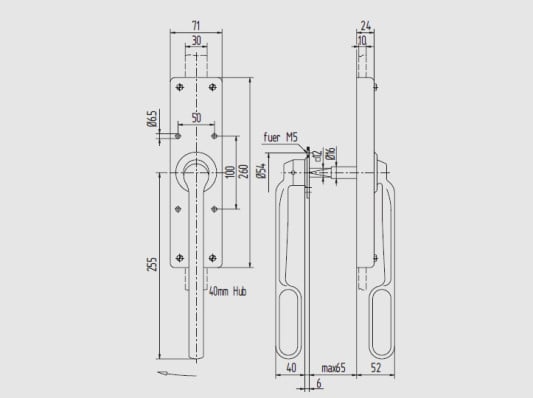 Falttortreibriegel mit doppelseitigem Hebel