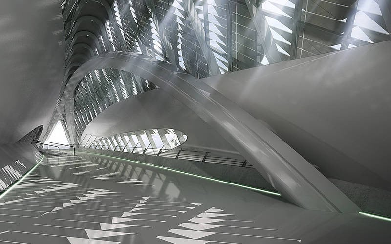 Innenaufnahme des der Brückenpavillons in Zaragoza, dessen Außenhülle aus Glasfaserbeton besteht, Architekten: Zaha Hadid und Patrick Schumacher, London