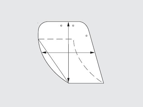 Das Decksteinmodell einer Schuppendeckung, die horizontale, gestrichelte Linie bezeichnet die untere Kante der darüberliegenden Schuppe (Höhenüberdeckung); der gestrichelte Bogen markiert die Seitenüberdeckung