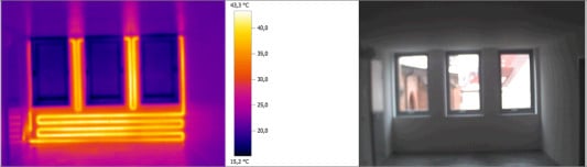 Die Thermografie-Aufnahme zeigt deutlich die Erhöhung der Oberflächentemperatur der Wand durch den Einsatz von Bauteiltemperierung