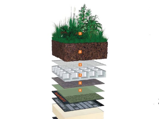 Beispielhafter Aufbau für ein intensiv bepflanztes Flachdach: 1) Begrünung; 2) Vegetationstragschicht; 3) Filterschicht; 4) Wasserspeicher- und Dränschicht; 5) Schutzschicht; 6) Trenn- und Gleitschicht