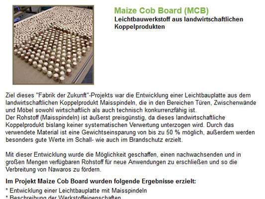 Projekt: Leichtbauplatten aus Maisspindeln Maize Cob Board (MCB)