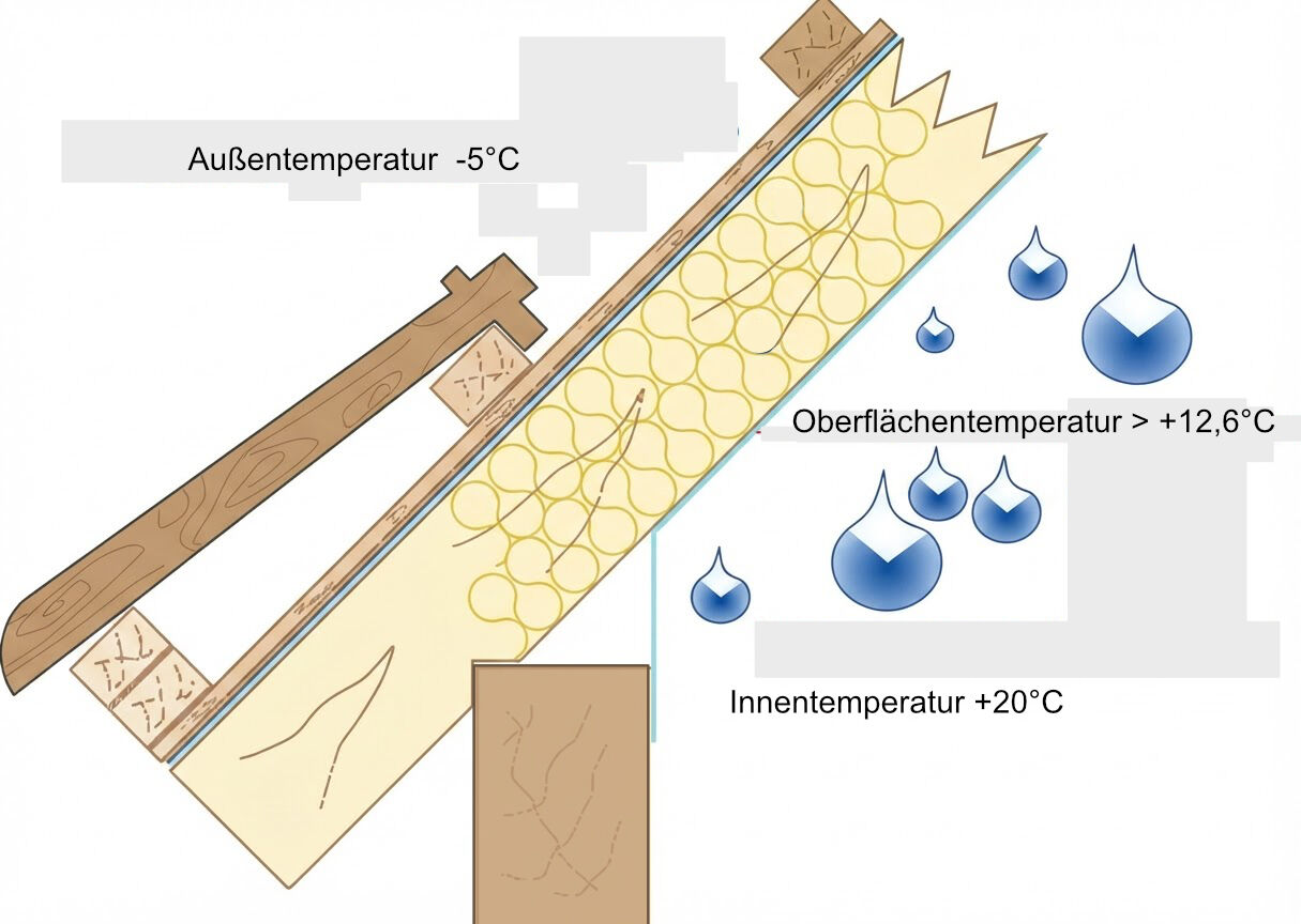 Der Idealfall: Ausreichend hohe Temperatur an der Dampfbremse und keine Feuchtigkeit in der Konstruktion. Hier passen Wärmedämmung und Dampfbremse zu den Temperaturen und der Luftfeuchtigkeit.