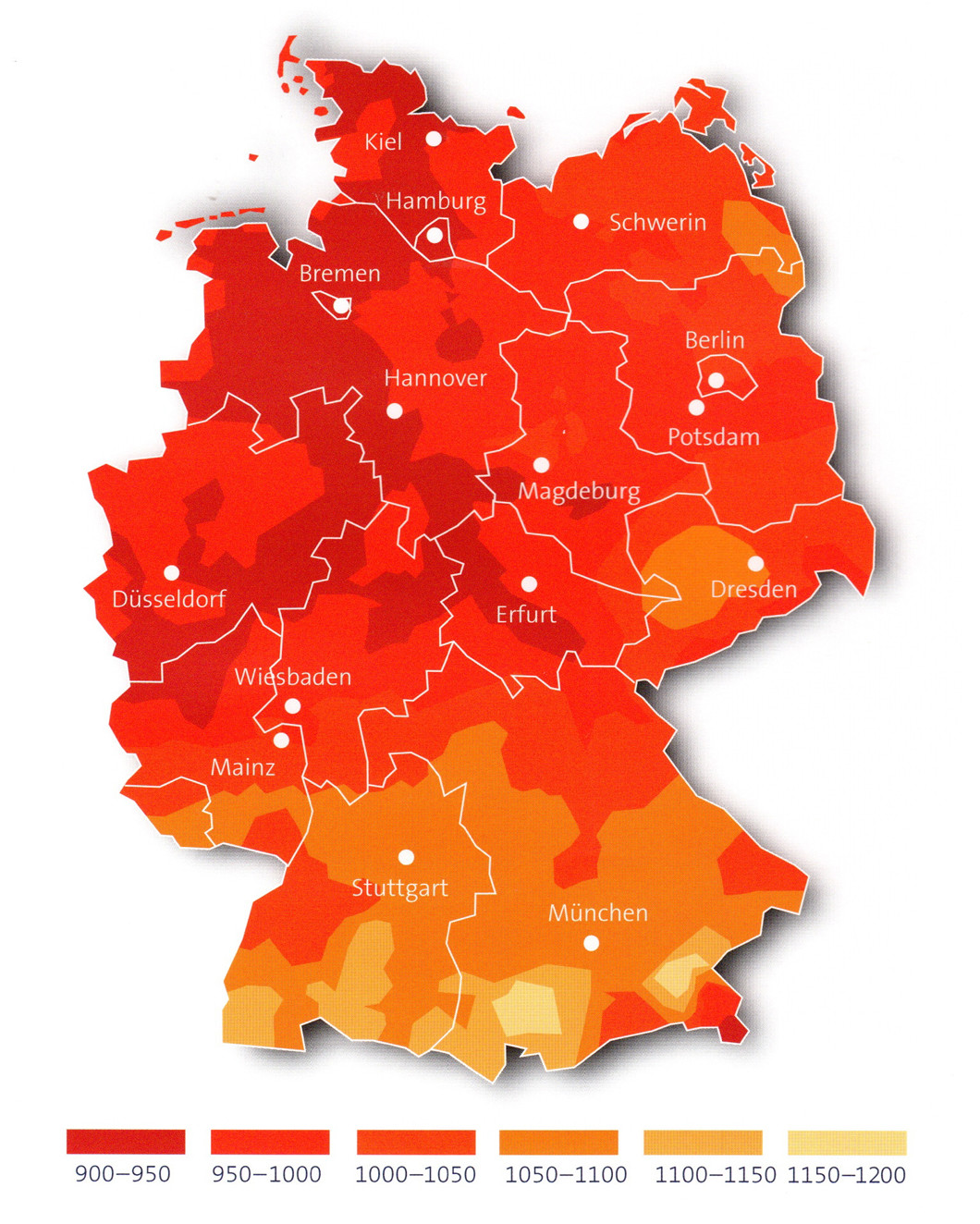 Einstrahlungswerte in Deutschland in kWh pro Quadratmeter und Jahr