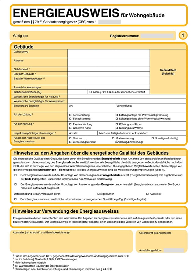 Muster zu dem Energieausweis für Wohngebäude, Seite 1/5