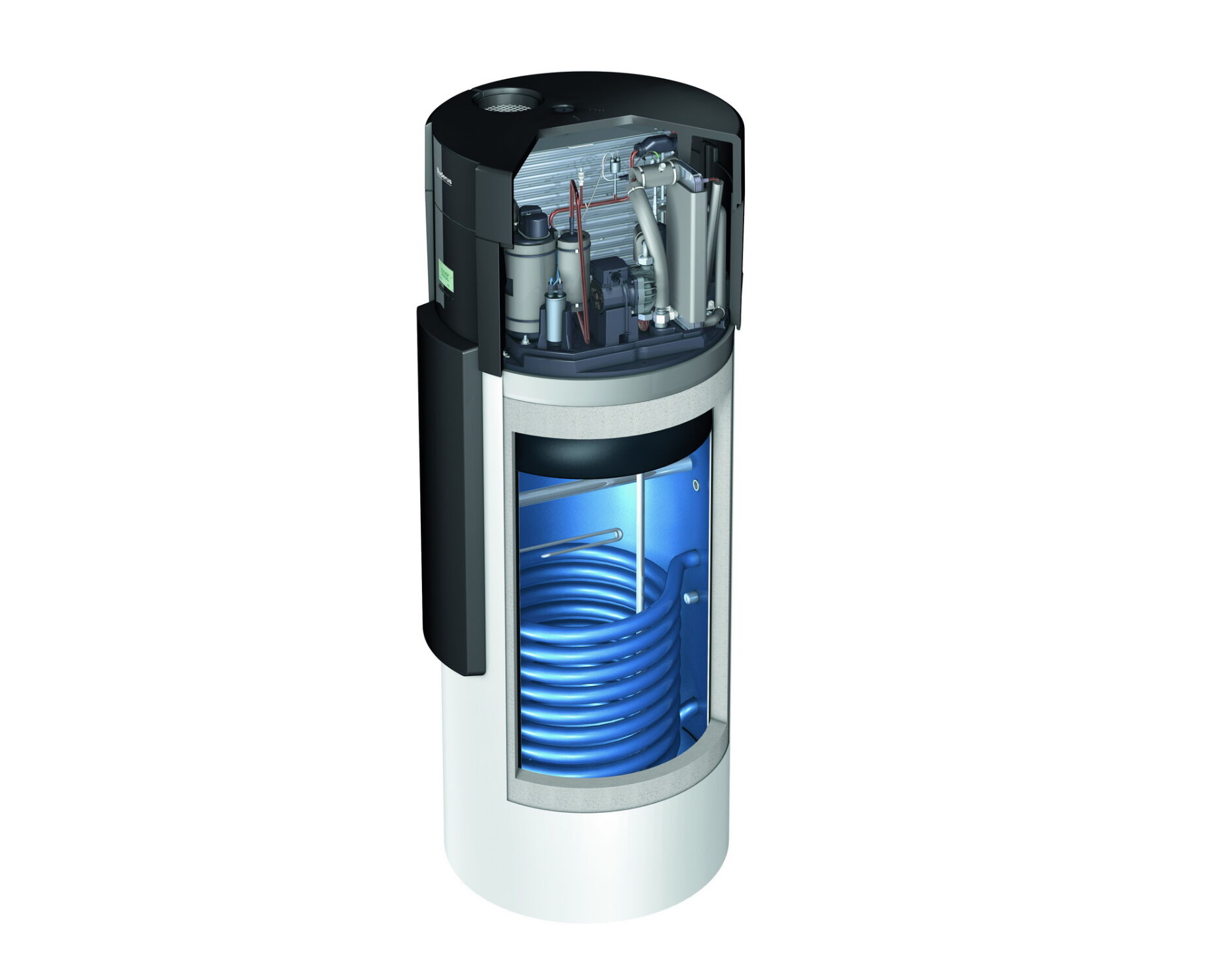 Aufbau einer Warmwasser-Wärmepumpe: Üblicherweise ist die Wärmepumpe (oben) mit einem Speicher (unten) kombiniert.