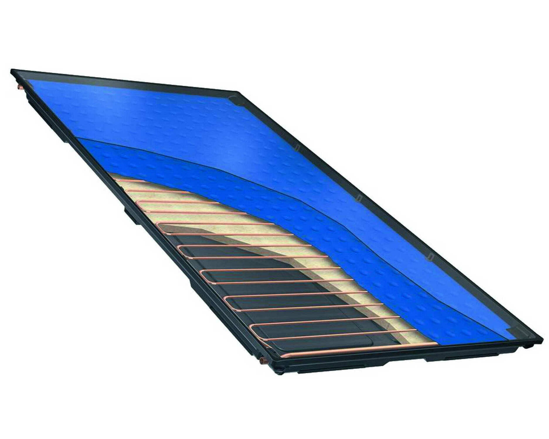 Bei Flachkollektoren (hier ein Schnittbild) entsteht durch die große Kollektorfläche und eine hochselektive Beschichtung des Aluminium-Vollflächenabsorbers ein hoher Solarenergie-Ertrag.