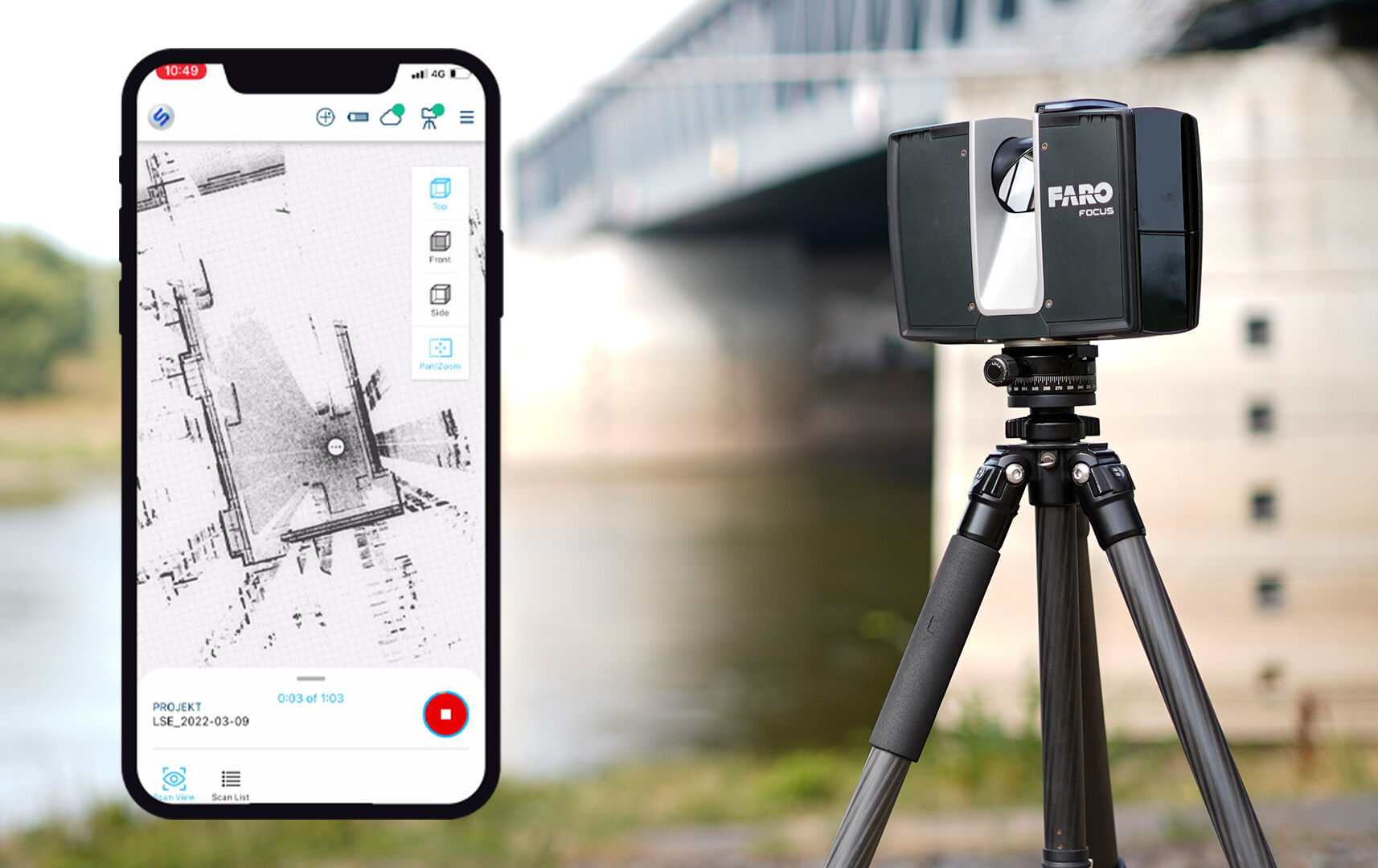 Die Stream App auf dem Smartphone oder Tablet bildet die Schnittstelle zwischen dem Focus Scanner, dem Anwender und FARO Sphere.