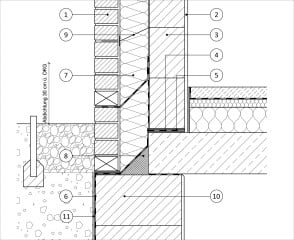 Vertikalschnitt mit Fundament und Decke (einschaliges Mauerwerk, unbeheizter Keller)
