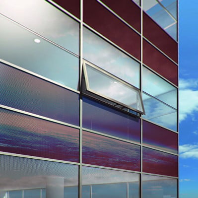 Beispiel für eine Warmfassade mit integrierten Dünnschichtmodulen zur Energiegewinnung 
