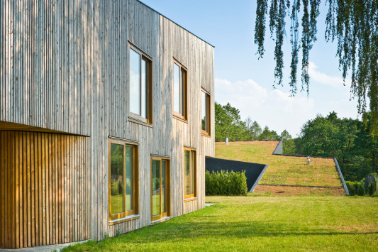 Haus B erhielt eine Holzfassade, im Hintergund ist das ansteigende Gründach von Haus A zu sehen