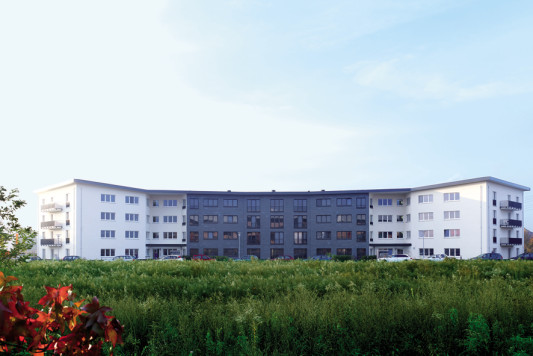 Im Kontrast zu den verputzen Flächen erhielten die Längsfassaden mittig eine Fassadendeckung aus Schiefer