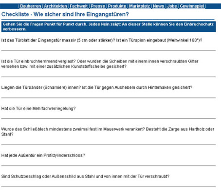 Beispeil Checkliste 'Sicherheit von Eingangstüren'