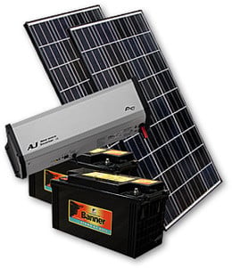 Set für ein Solarstrom-Inselsystem: Solargenerator, Wechselrichter, Montagegestell, Solarbatterie, Verkabelung