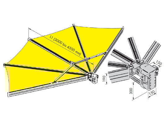 Konstruktionsbeispiel eines fächerartigen Sonnenschutzes