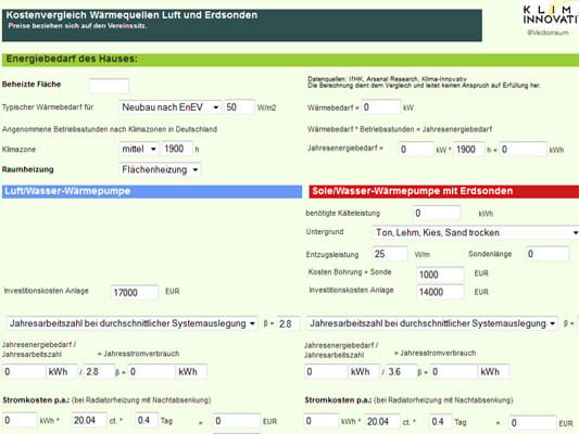 Screenshot des Online-Tools, das ermöglicht die Wärmequellen Luft und Sole zu vergleichen