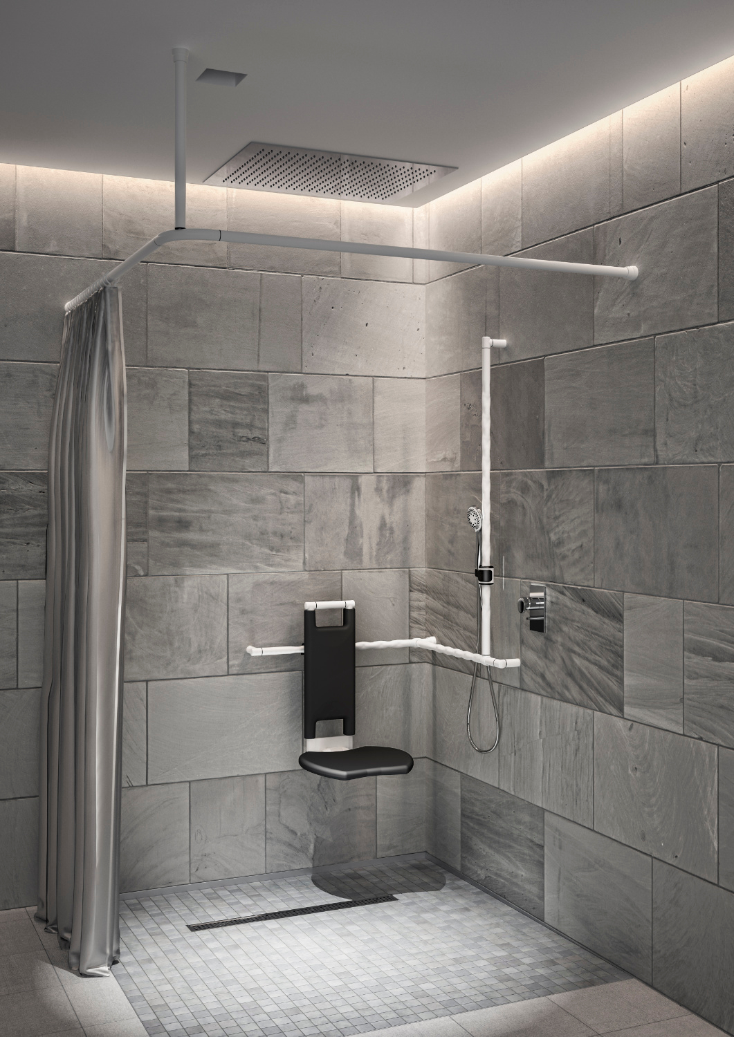 Dusche mit Klappsitz und Wellgrip-Haltegriff für das Pflegebad.