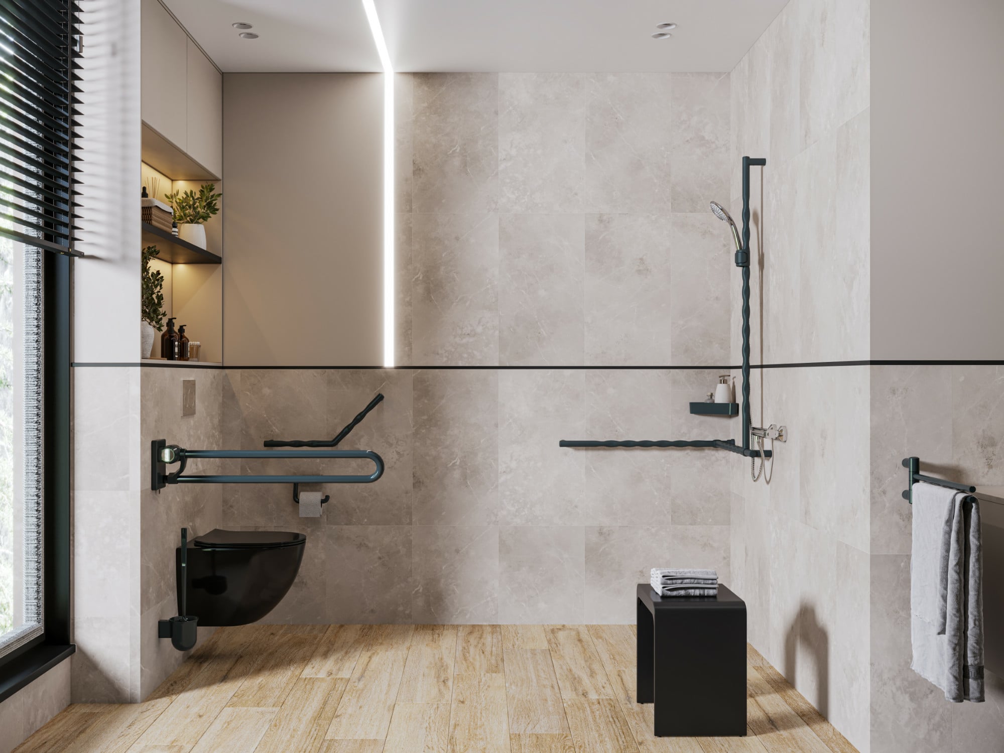WC und Dusche sind mit Haltegriffen auszustatten. Griffe mit Oberflächenprofil, beispielsweise Fingergrip oder Greifprofil sind besonders sicher.