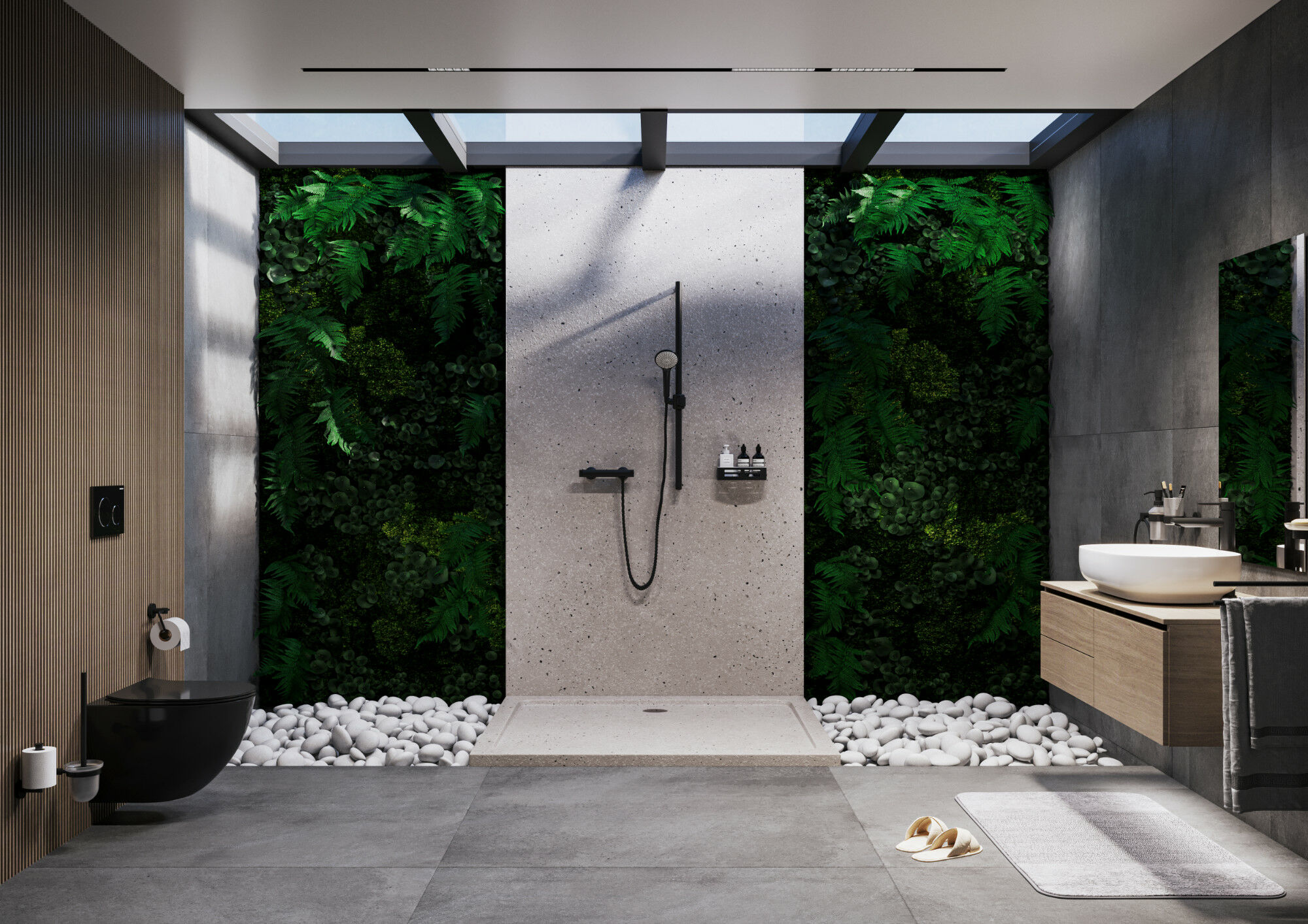 Dusche aus einem betonartigen Mineralwerkstoff