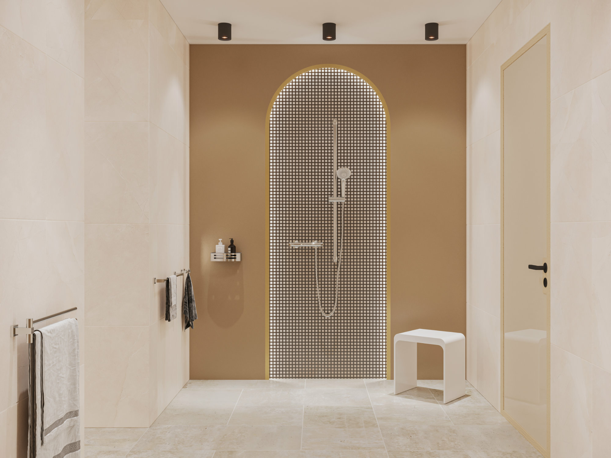 Ein weißer Badhocker lädt in der Dusche zum Sitzen ein. 