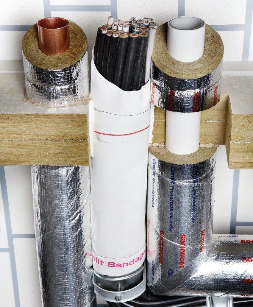 Leitungen müssen durch Abschottungen geführt werden, die mindestens die gleiche Feuerwiderstandsfähigkeit aufweisen wie die raumabschließenden Bauteile oder innerhalb von Installationsschächten oder -kanälen geführt werden, die mindestens die gleiche Feuerwiderstandsfähigkeit aufweisen wie die durchdrungenen raumabschließenden Bauteile und aus nicht brennbaren Baustoffen bestehen (Abb.: Weichschottsystem zur Abschottung von Rohren und Kabeln aus Steinwolleplatte, kaschiert mit Glasvlies und gitternetzverstärkter Aluminiumfolie).