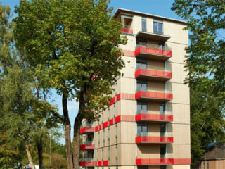 Tragwerk und Fassade des Wohnhauses sind aus Holz (Westansicht)