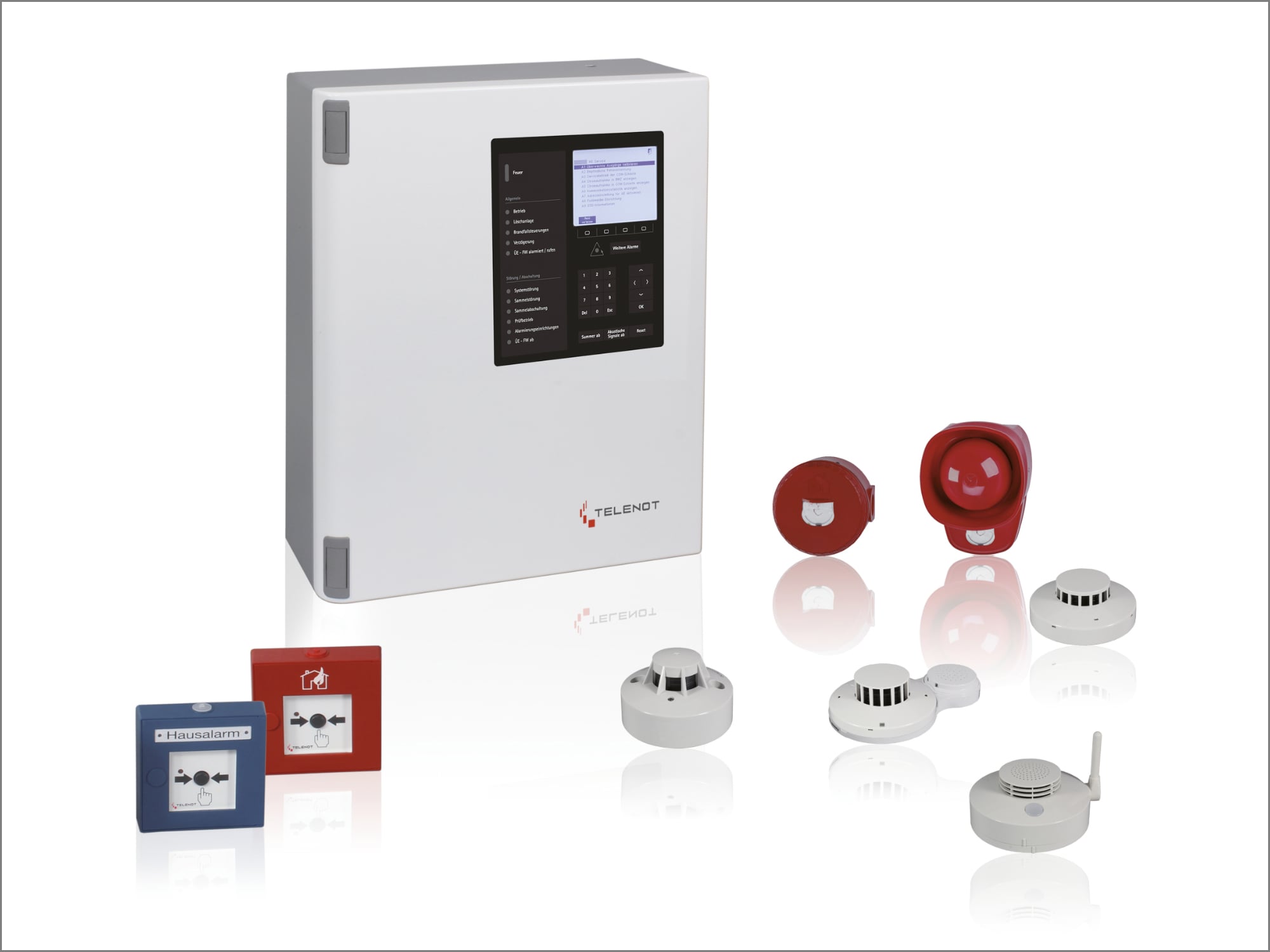 Komponenten einer BMA: Brandmeldezentrale, Feuerwehrbedienfeld, Handfeuermelder, Brandmelder, akustische und optische Signalgeber (im Bild: hifire® 4000 BMT)