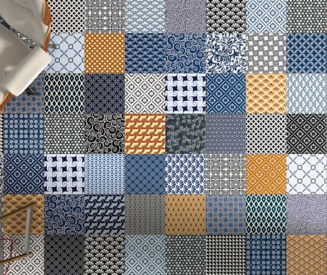 Keramischer Bodenbelag im Design klassischer Zementfliesen mit einem Nennmaß von 30 x 30 cm (Werkmaß 29,75 x 29,75 cm)