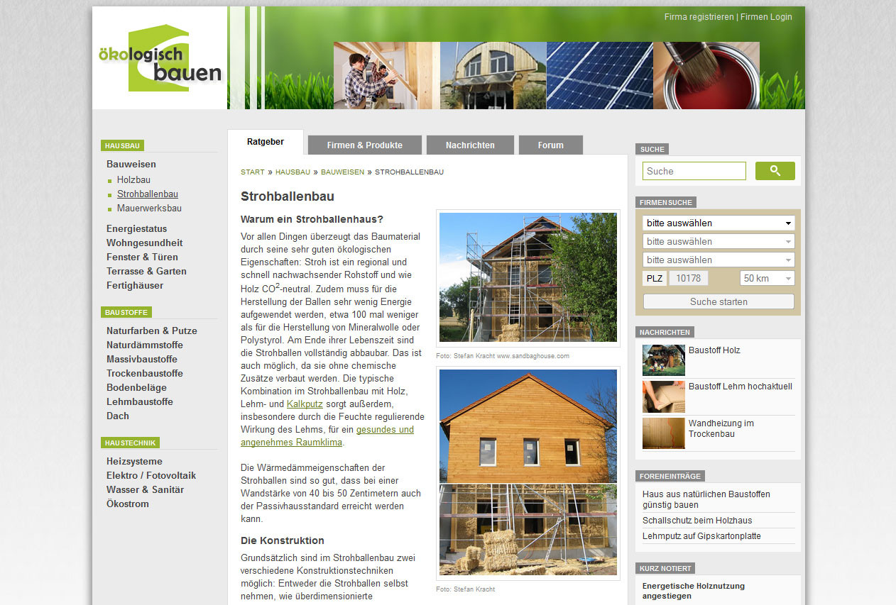 Infoportal zu ökologischen Bauweisen, Materialien und Energien