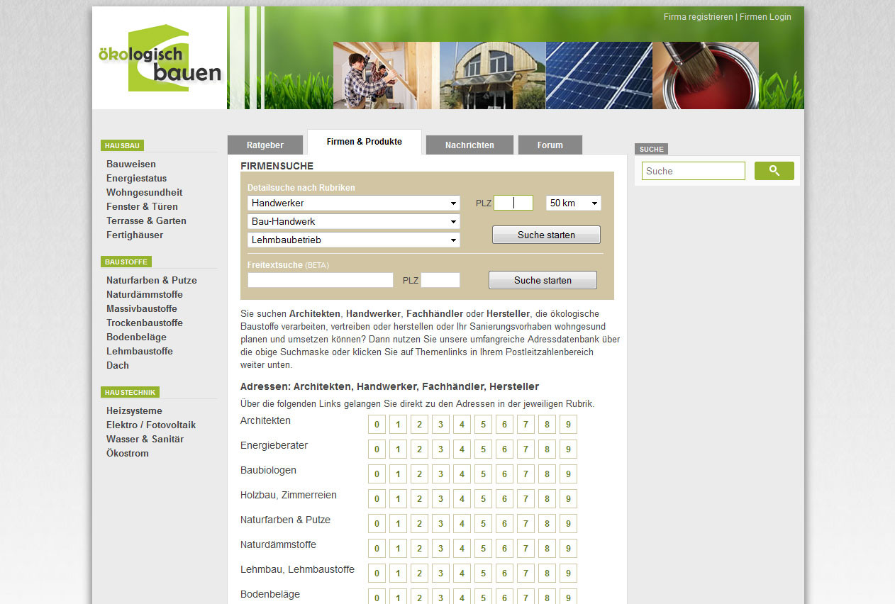 Infoportal zu ökologischen Bauweisen, Materialien und Energien