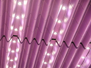 Gewellte Glasfaserbetonplatten in Pink an der Decke eines Konzertsaals in der tschechischen Stadt Zlin