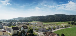 Gesamtansicht der neuen Siedlung mit unterschiedlichen Gebäudetypen am südlichen Ortsrand von Mellingen