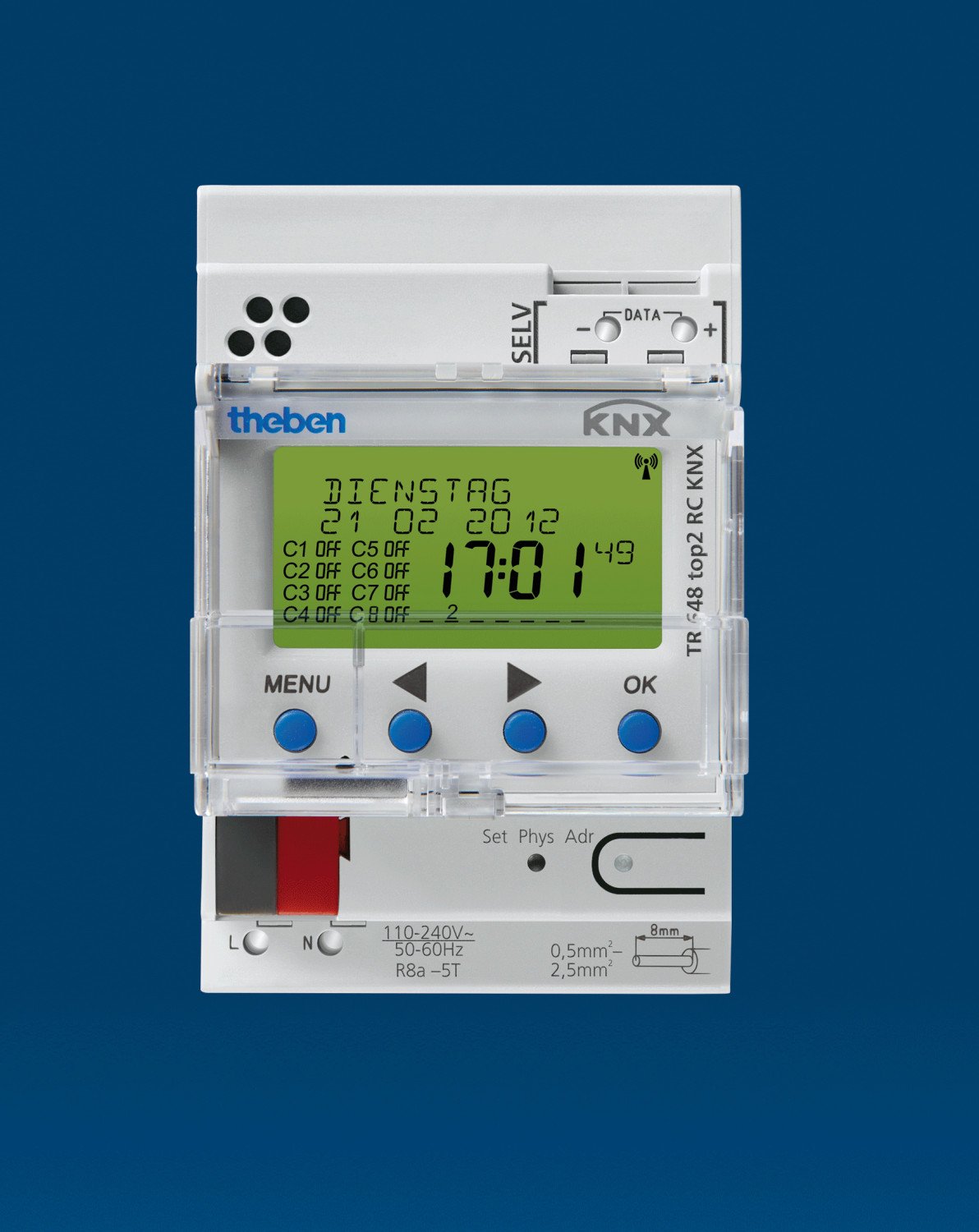 Die KNX-Variante der Uhr sendet sämtliche Schaltbefehle sekundengenau auf das Bussystem, auch lassen sich die Zeiten für den Sonnenaufgang und -untergang täglich neu berechnen