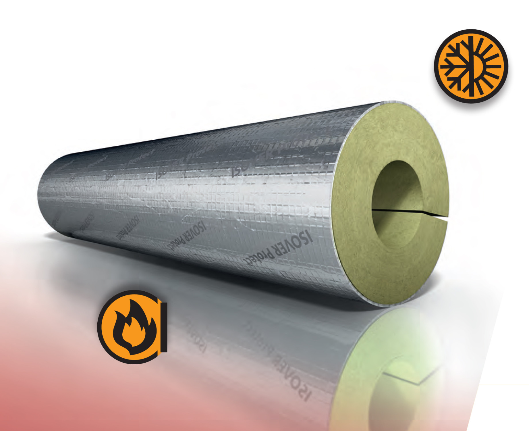Den Kern der Rohrschale bildet eine Schicht Mineralwolle, die mit Aluminium ummantelt ist