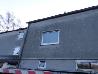 Fassade mit einem gedübelten WDVS: Im Bereich der Dübel kommt es aufgrund der Wärmebrückeneffekte zu höheren Wärmeströmen und damit zur punktuellen Trocknung; den Algen wird die Lebensgrundlage entzogen
