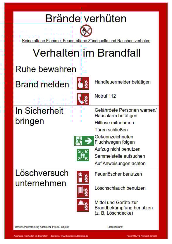 Aushang â€žVerhalten im Brandfallâ€œ fÃ¼r