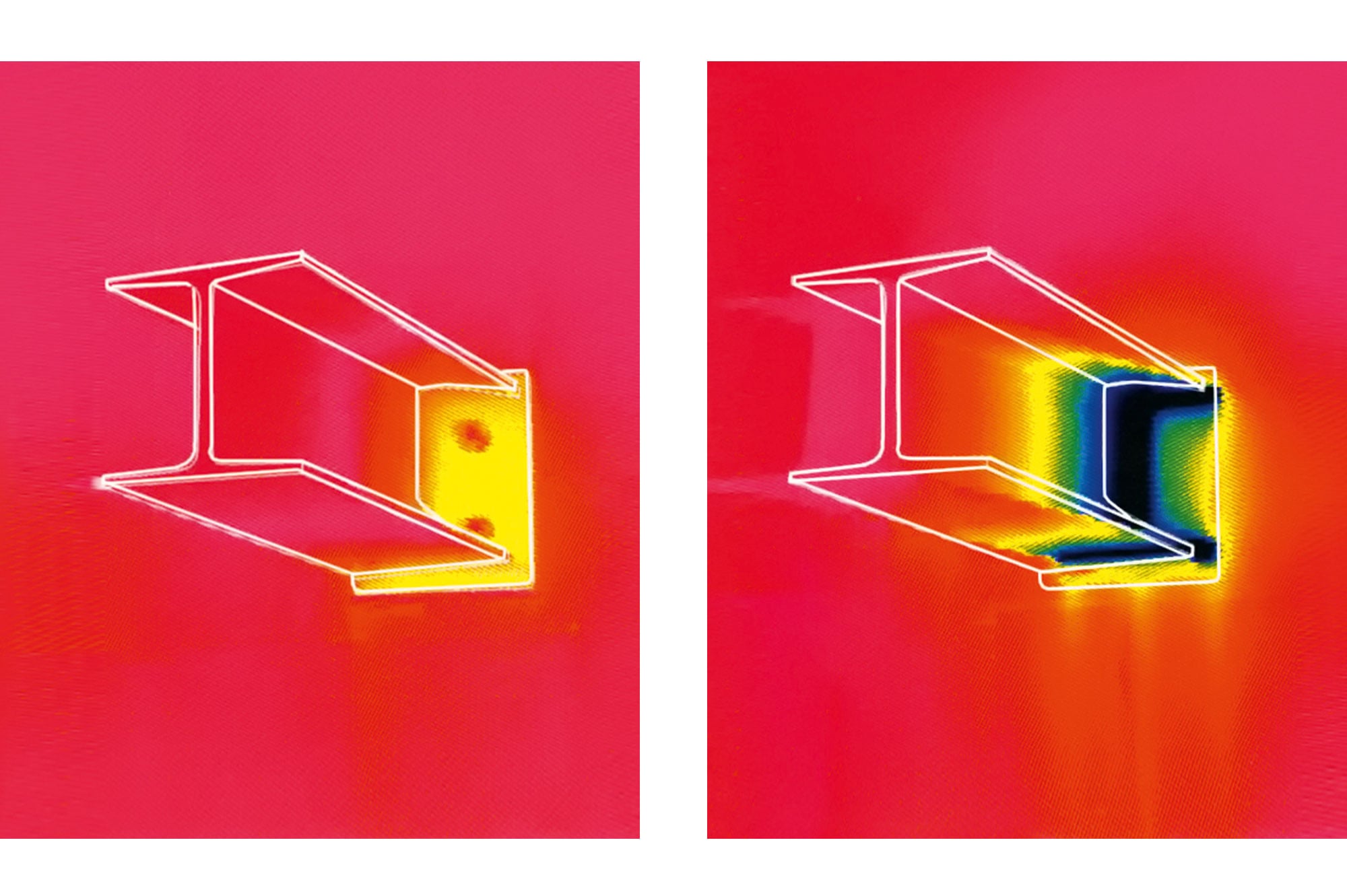 Die Thermografie zeigt links einen Stahlträger, der mit einem Isokorb gedämmt ist, rechts einen durchlaufenden Stahlträger ohne Wärmedämmung im Anschlussbereich