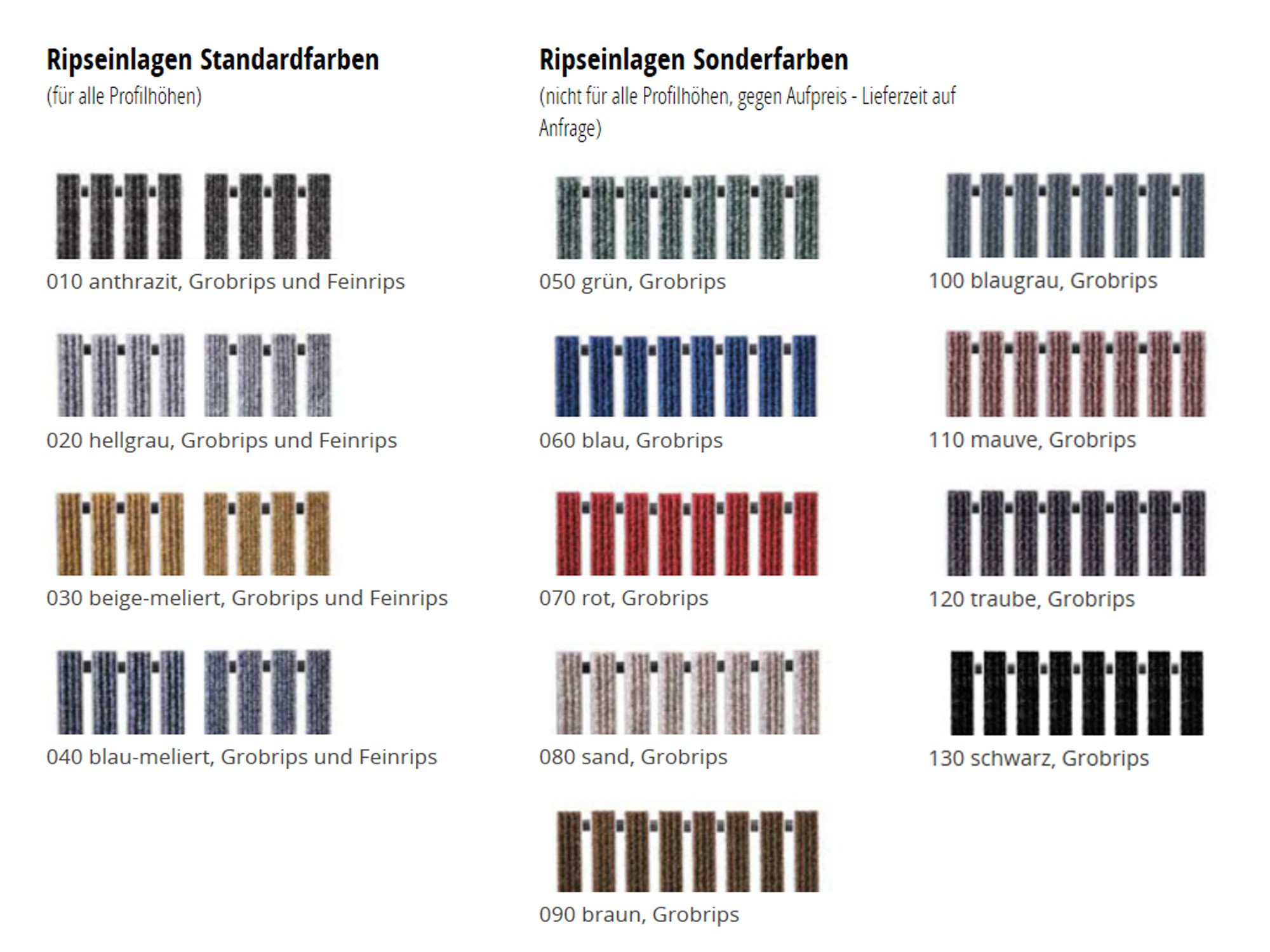 Zur Auswahl stehen Ripseinlagen in verschiedenen Farben, Bürstenleisten und Gummiprofile