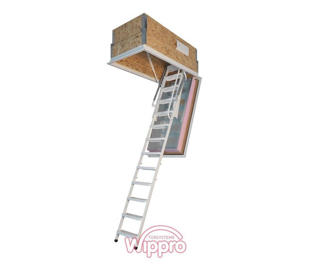 Die oberste Stufe ist im Treppenkasten platziert, so ist der Aufstieg auch bei größeren Deckenstärken bequem möglich
